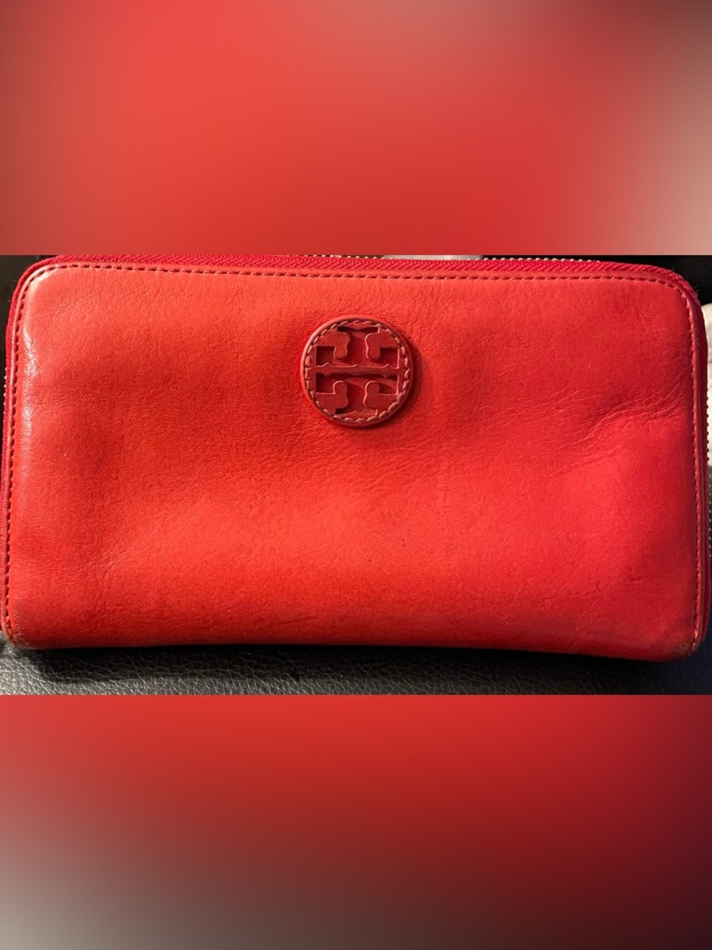 Tory Burch Coral-Red Leather Zip Wallet